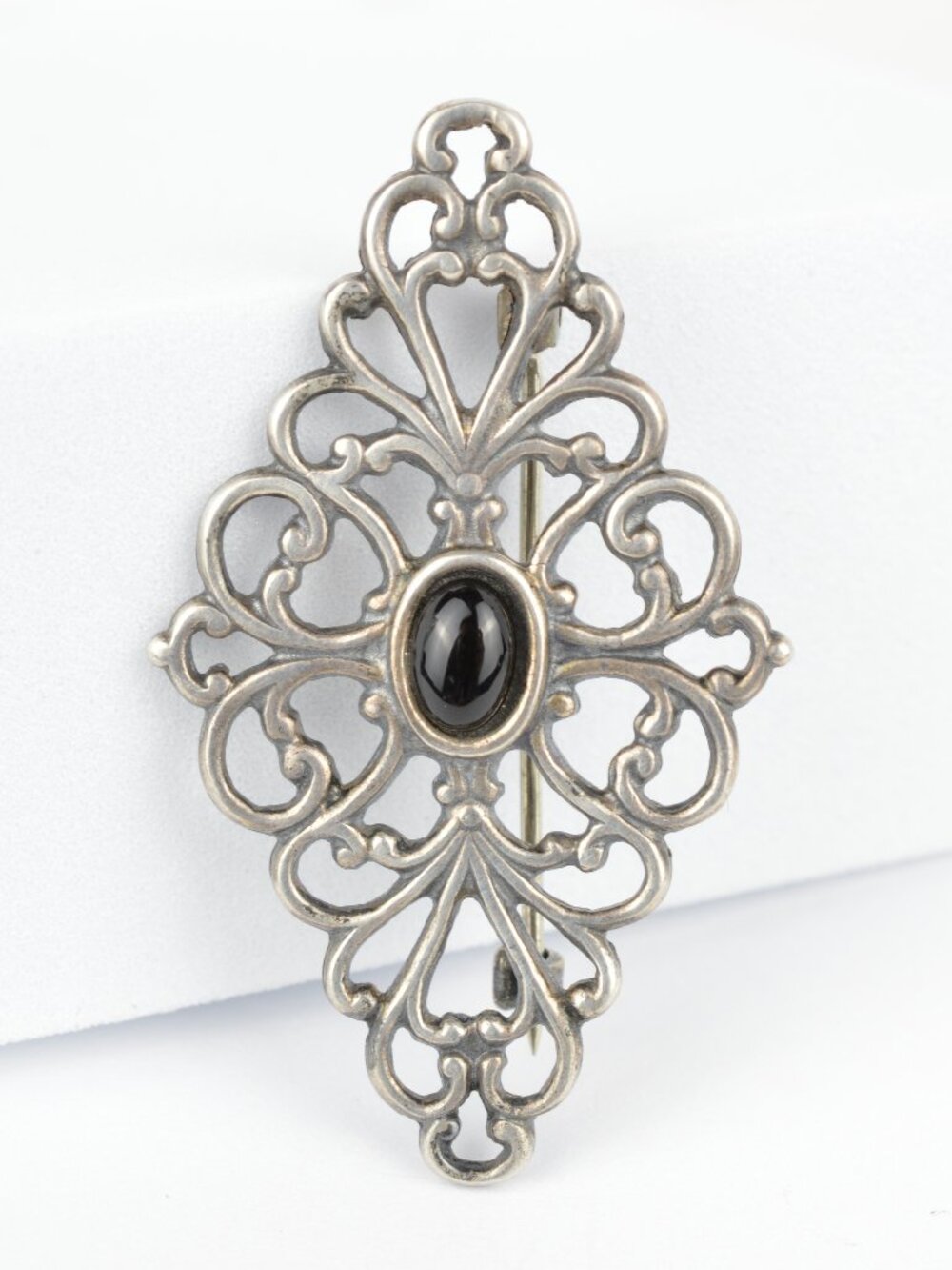 Vintage Sterling Silver Black Onyx Filigree Brooch Pin Victorian Revival 1.75"